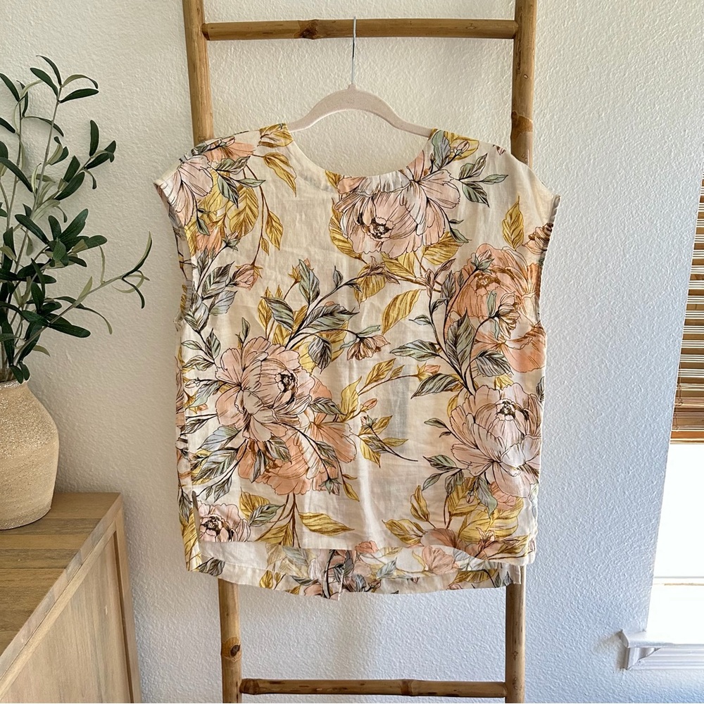 Nicole Miller Cream Floral Linen Blouse Small NWT